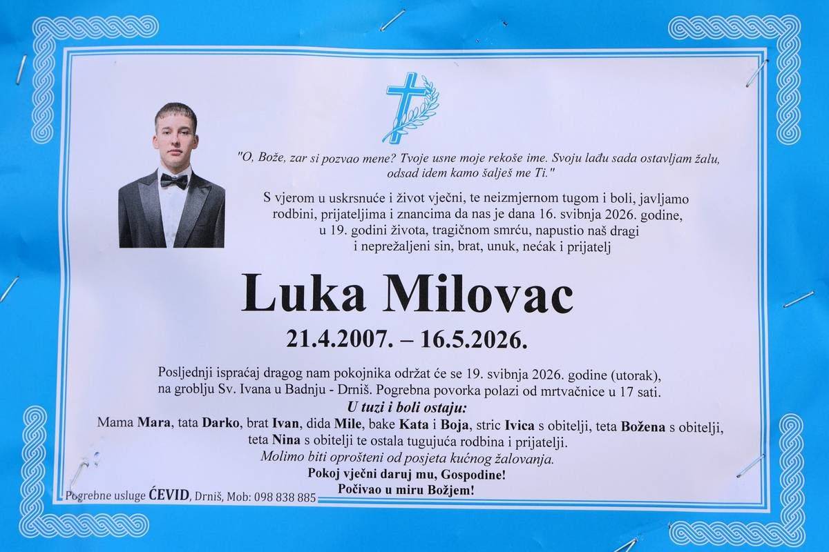 Proglašen Dan žalosti u Drnišu: Danas posljednji ispraćaj tragično preminulog 19-godišnjeg Luke